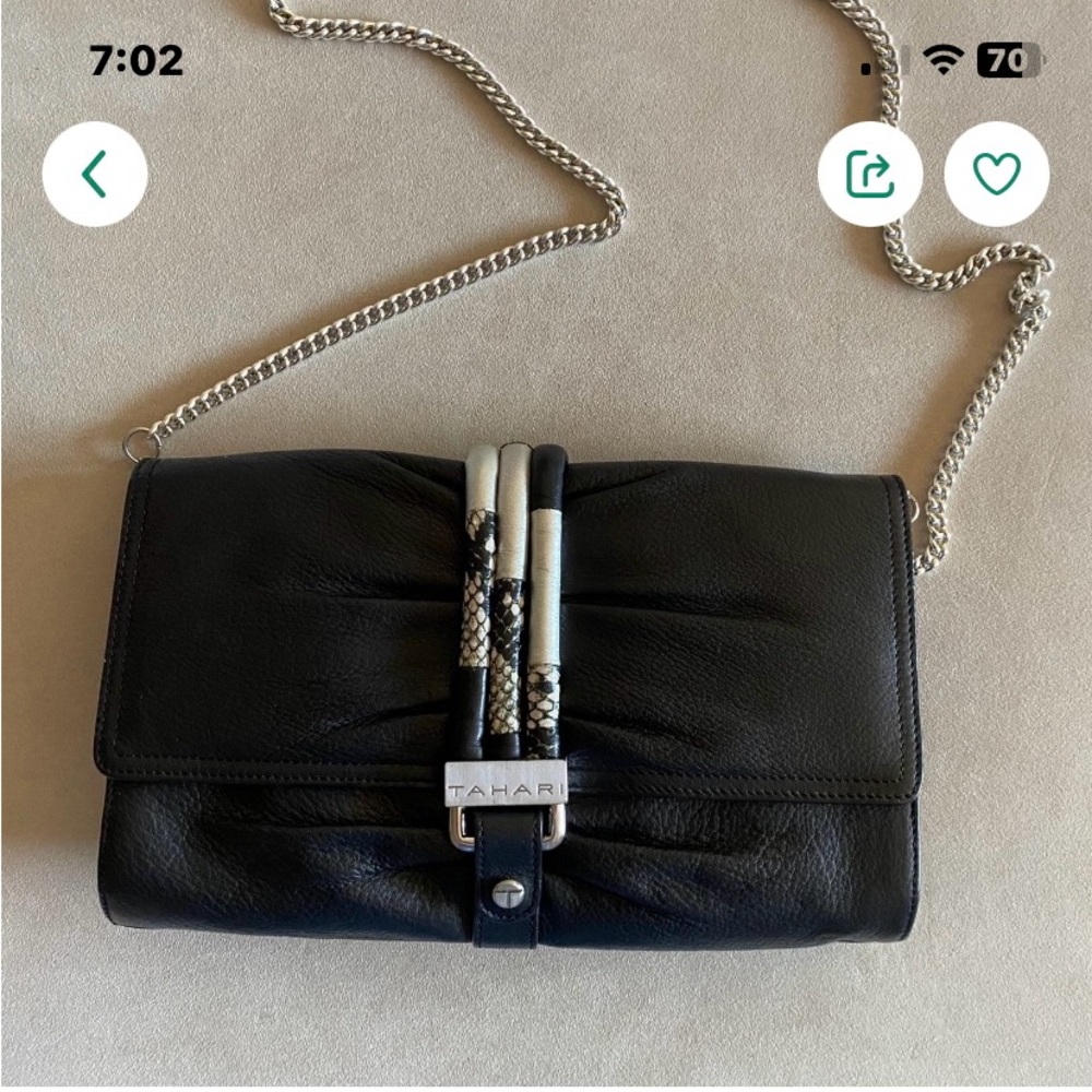 Tahari Black Clutch with Silver Chain and Art Deco Clasp